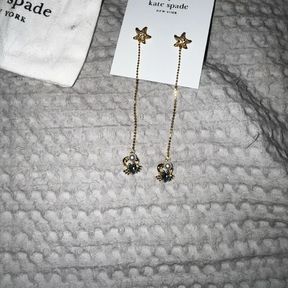 Kate Spade Gold Crab Earrings with pearl and light blue stone - Picture 3 of 4
